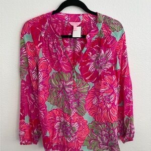 Lilly Pulitzer 100% Silk Elsa Pink and Green Floral Blouse